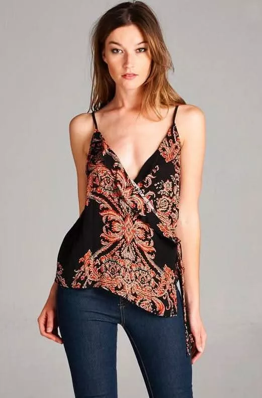 Catalina Black Floral Print Surplice Wrap Cami Top | Boho Pink