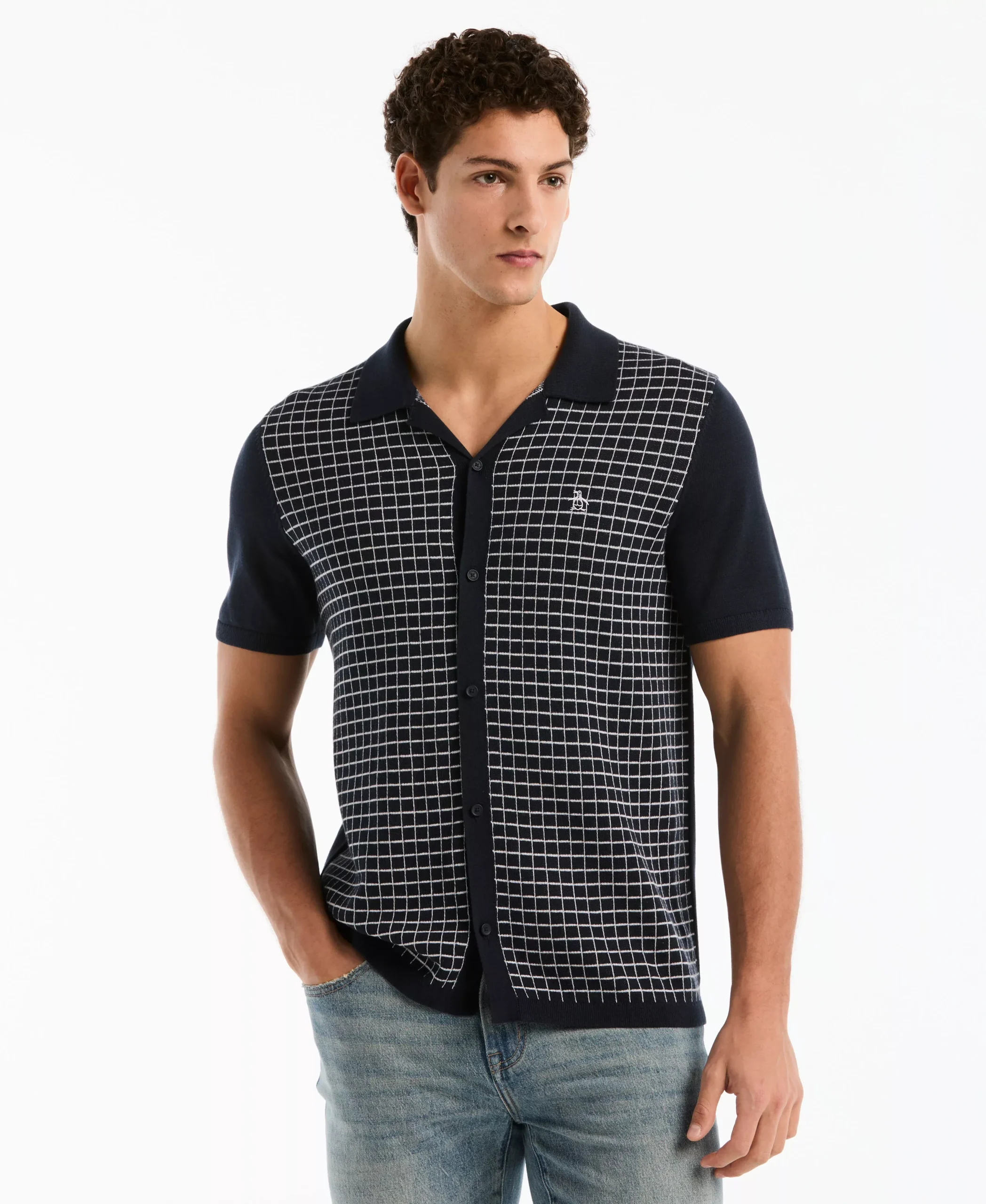 Chainstitch Grid Button-Front Sweater Polo