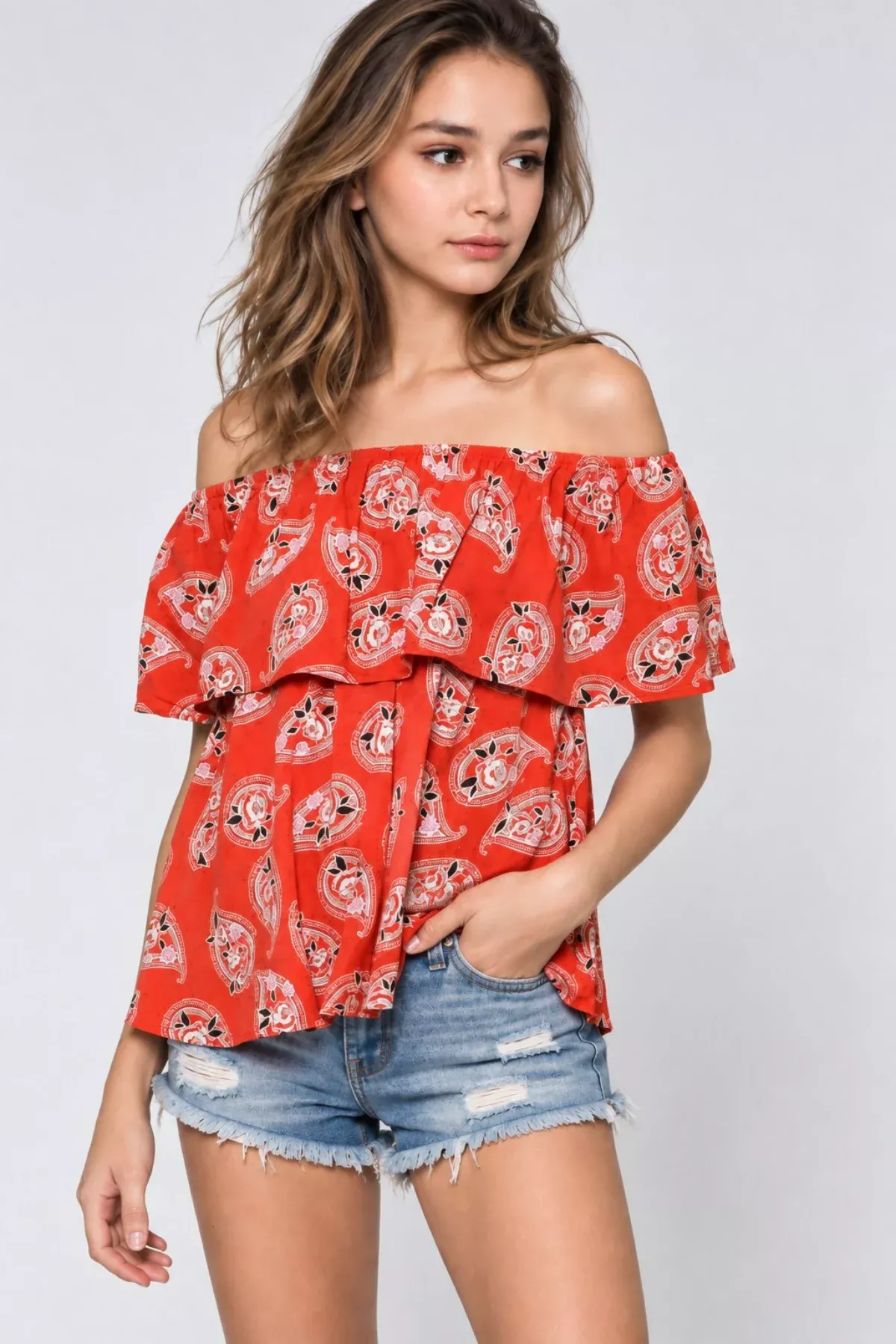 Cheryl Red Paisley Off-The-Shoulder Flounce Top | Boho Pink