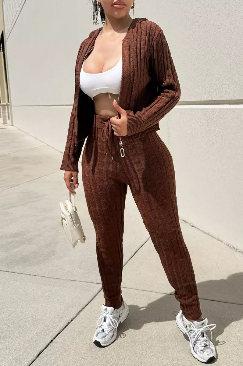 Chocolate Long Sleeve Cable Knit Hooded Leggings Two Piece Set