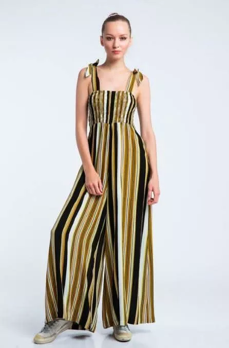 Ciao Bella Black and Gold Striped Palazzo Jumpsuit | Boho Pink