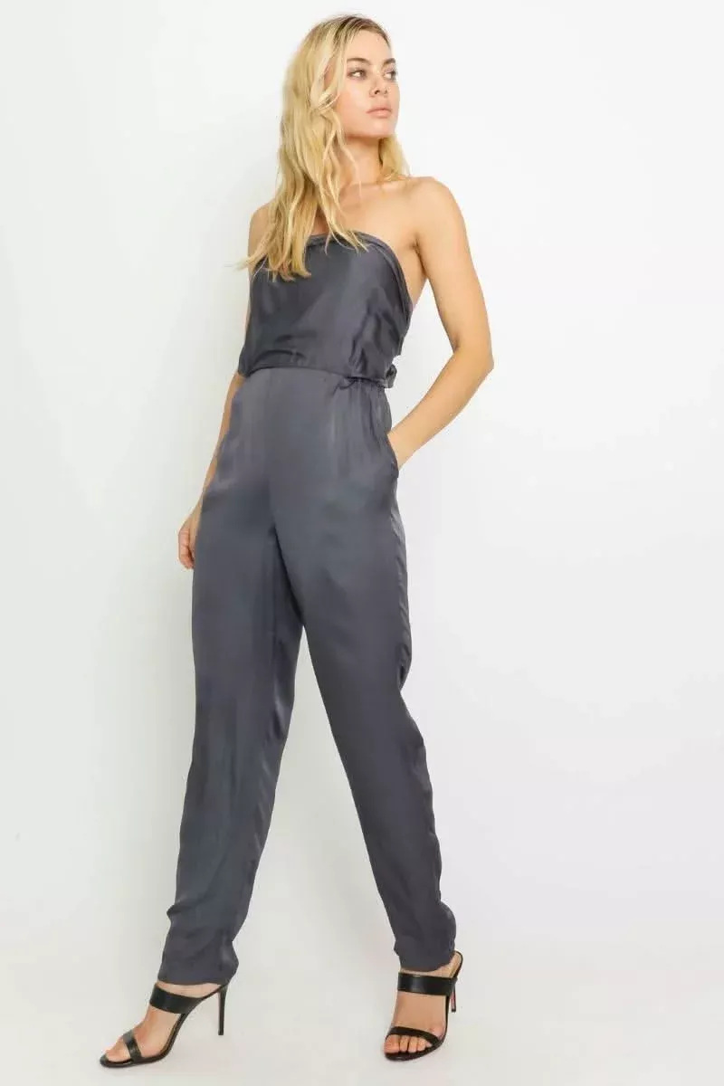 City Nights Charcoal Grey Satin Strapless Jumpsuit | Boho Pink
