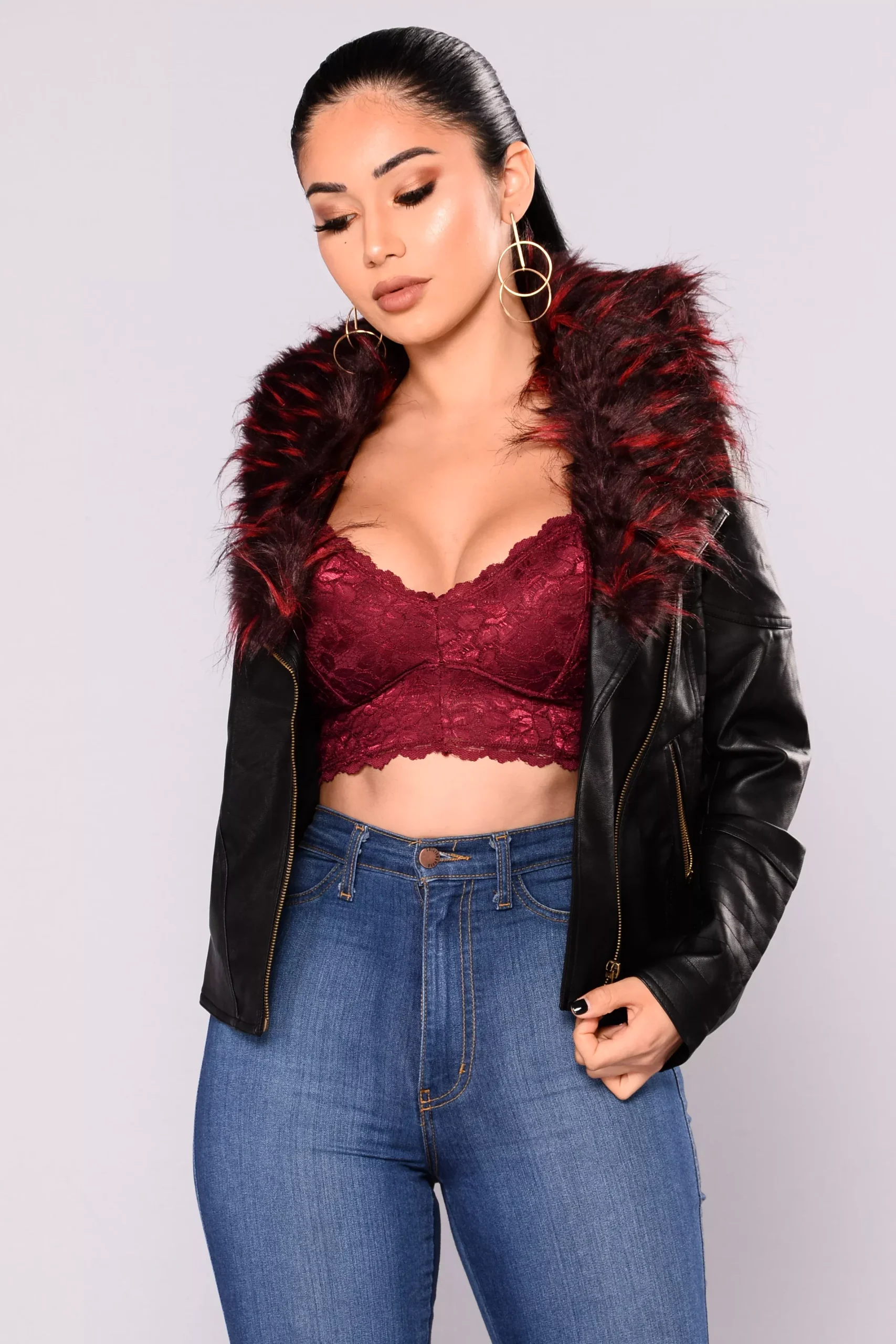 Clairey Faux Leather Jacket - Black/Wine