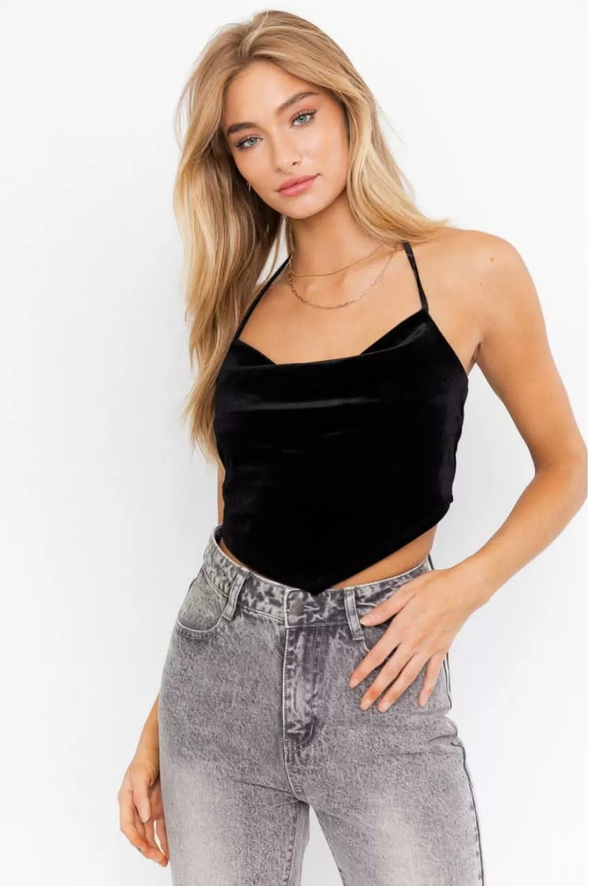 Clara Black Velvet Halter Crop Top | Boho Pink
