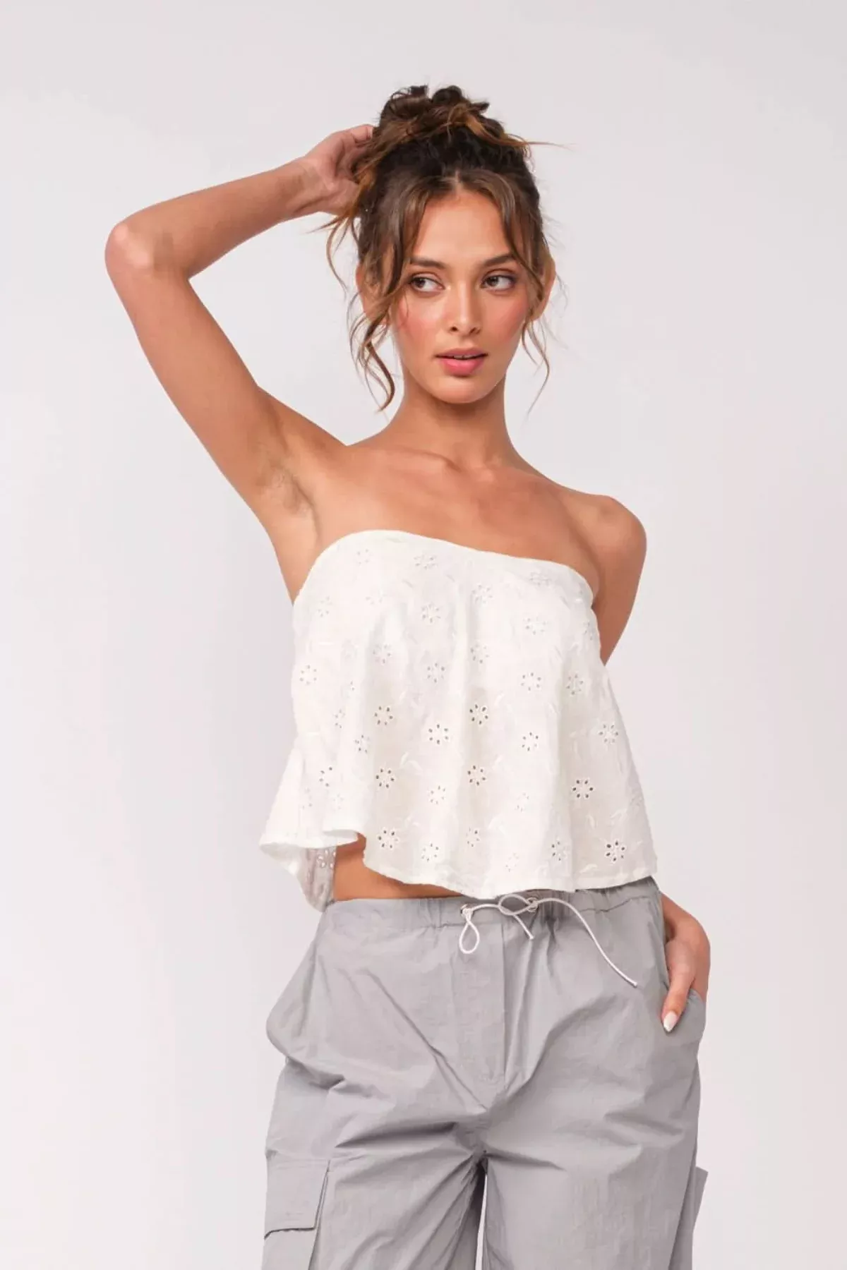 Coastal Babe White Eyelet Strapless Top | Boho Pink