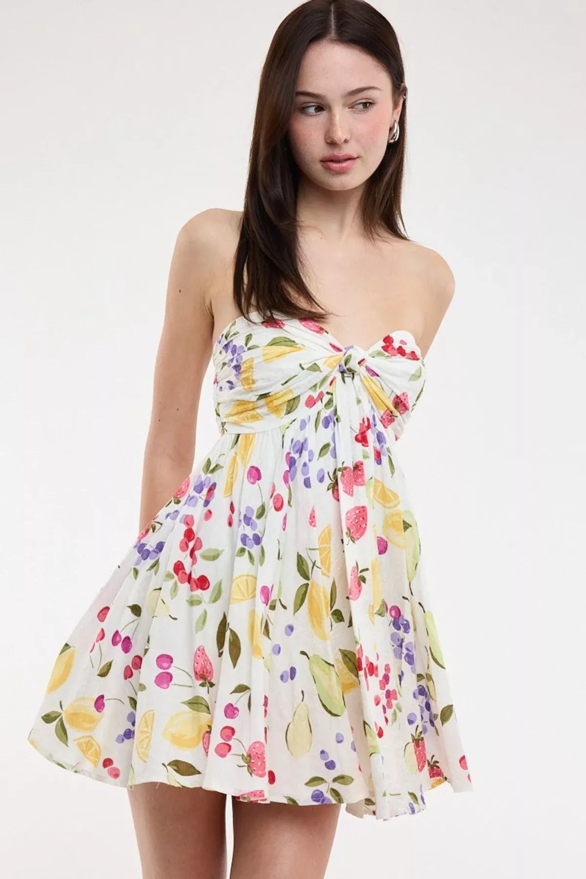 Colette White Fruit Print Strapless Babydoll Dress | Boho Pink