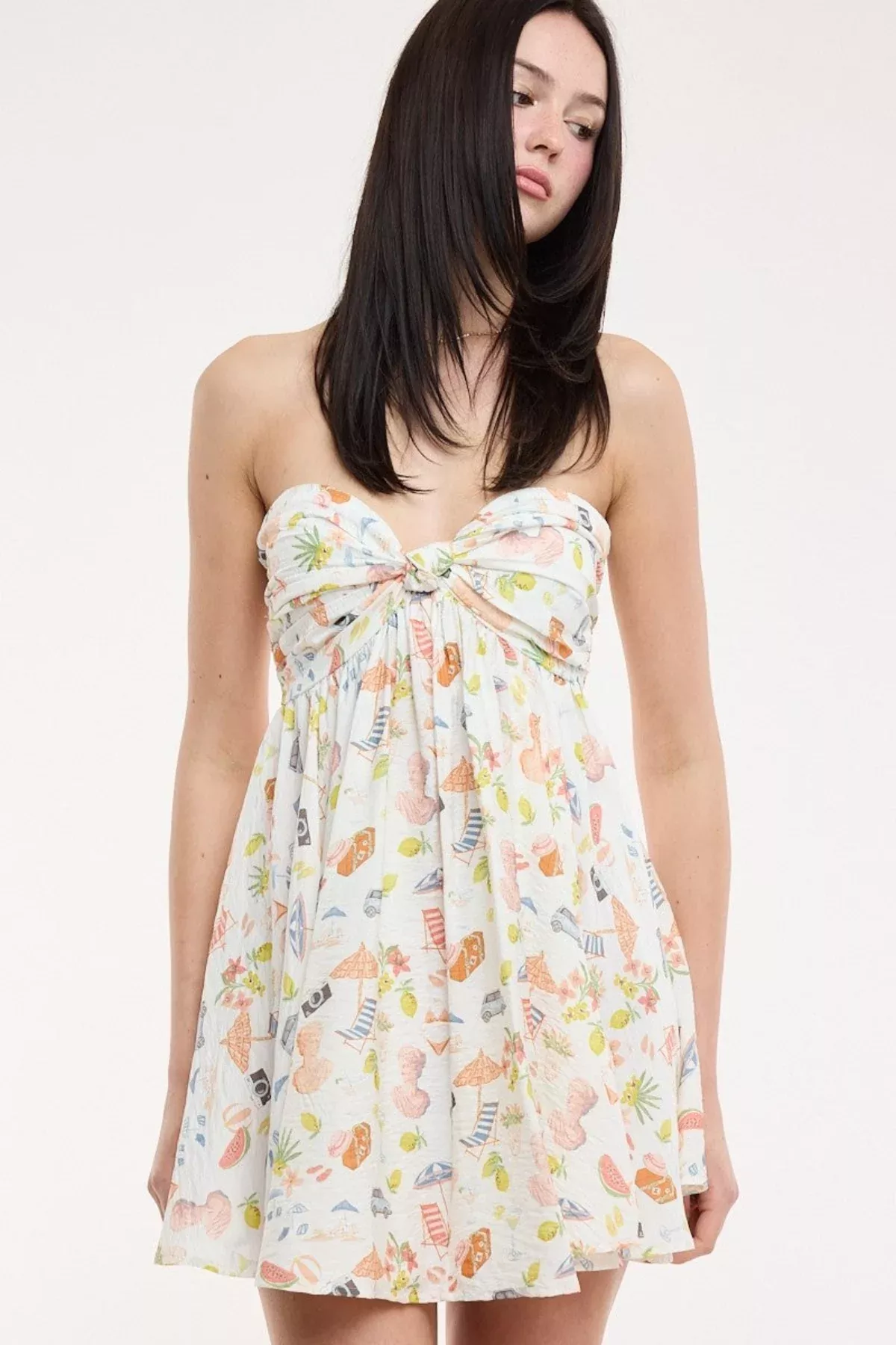 Colette White Vacation Print Strapless Babydoll Dress | Boho Pink