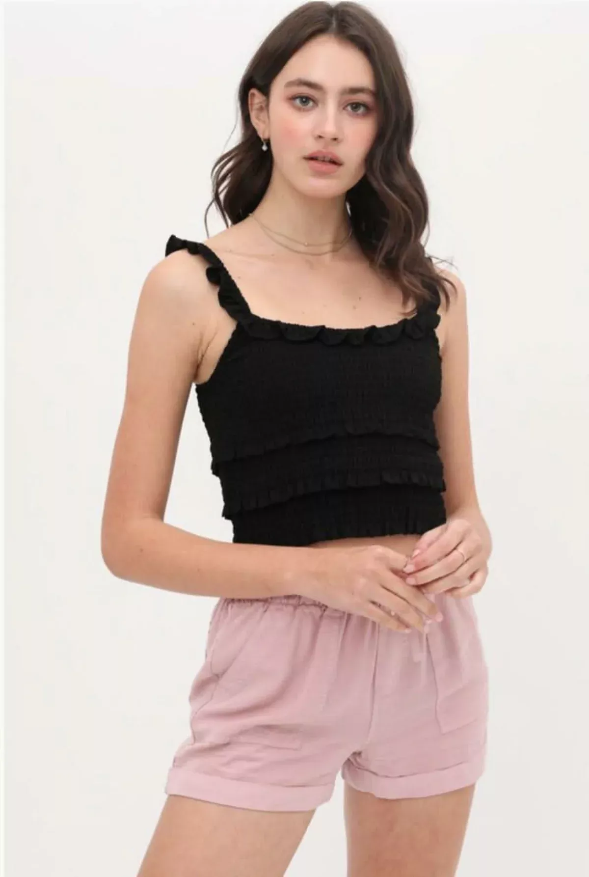 Copa Black Smocked Cropped Tank Top | Boho Pink