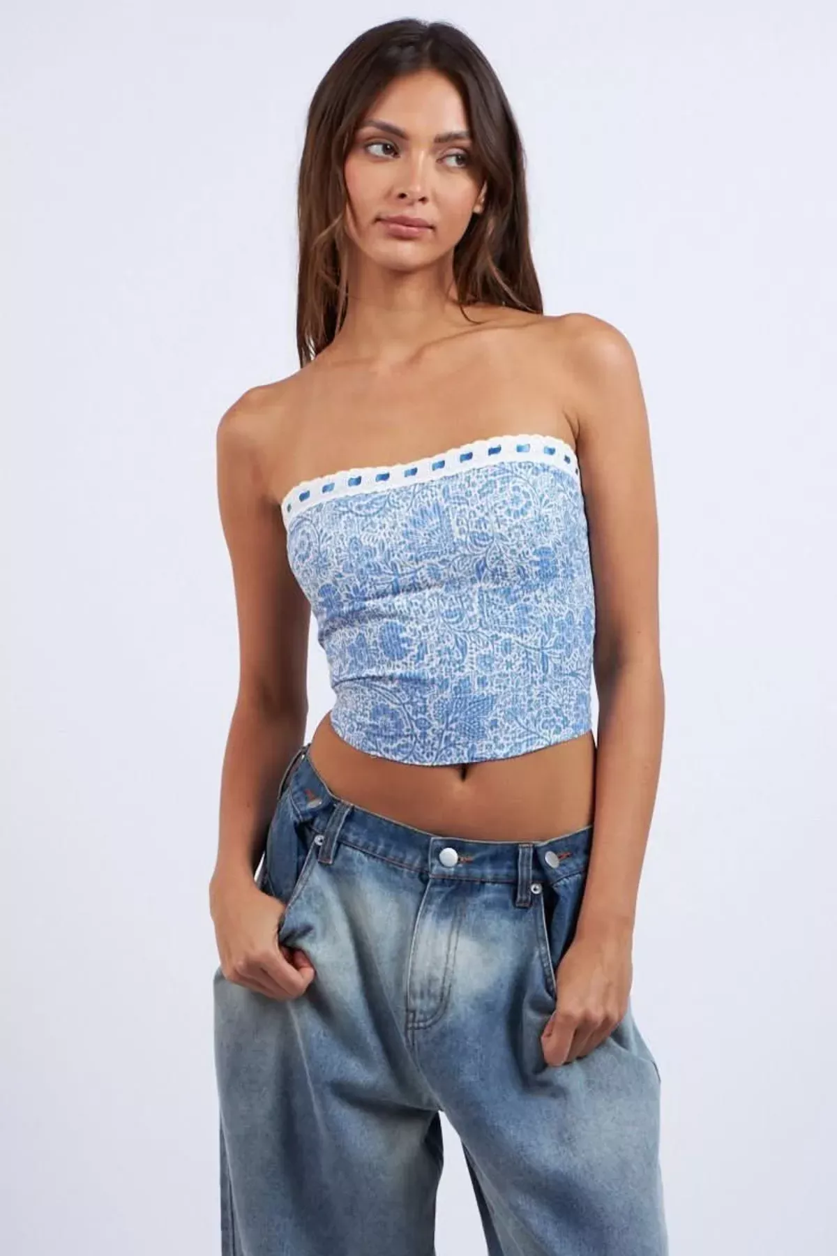 Cora Blue Floral Print Tube Top | Boho Pink