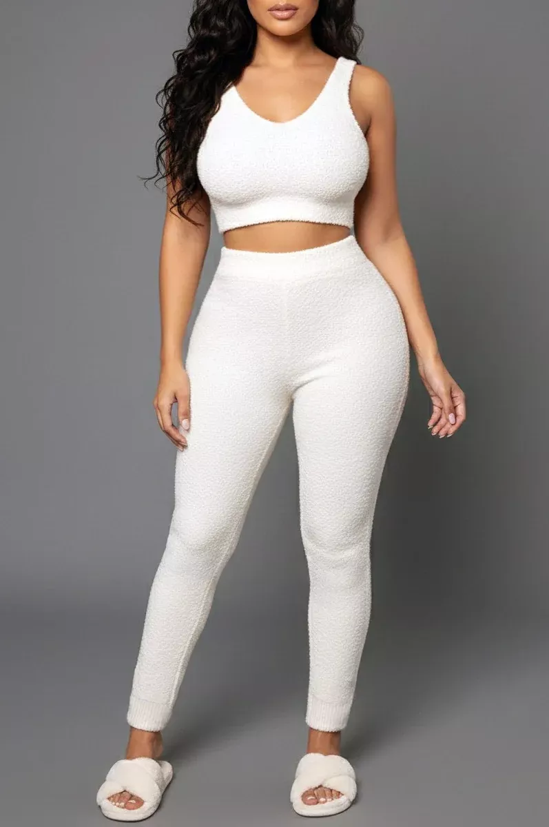 Cream Bouclé High Waist Jogger Pants Two Piece Set