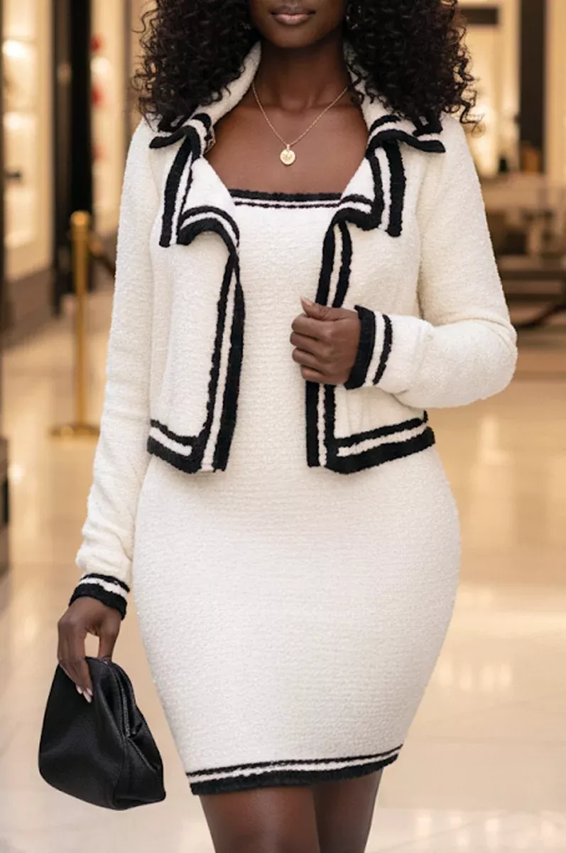 Cream Fuzzy Spaghetti Strap Long Sleeve Collared Cardigan Dress Two Piece Set
