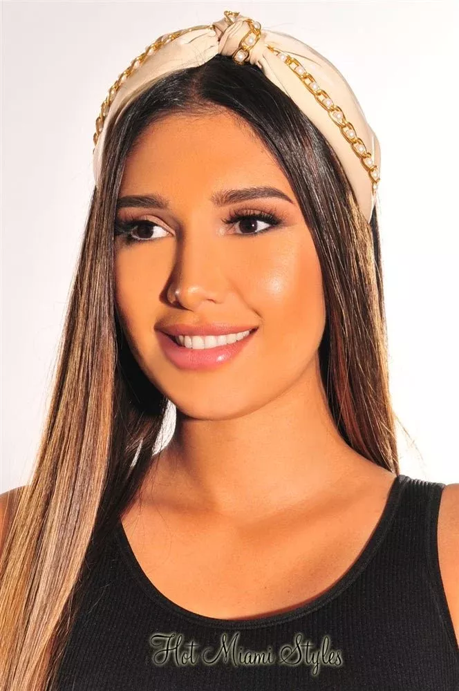 Cream Pearl Gold Chain Knotted Headband