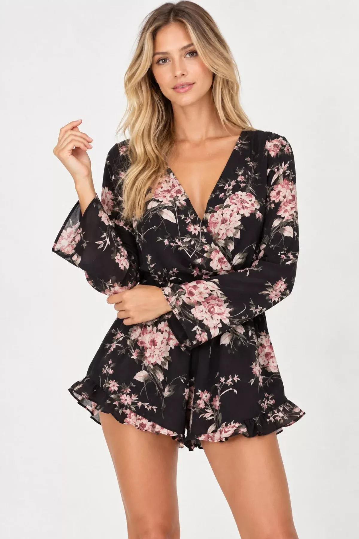 Creve Coeur Navy Bell Sleeve Floral Romper | Boho Pink