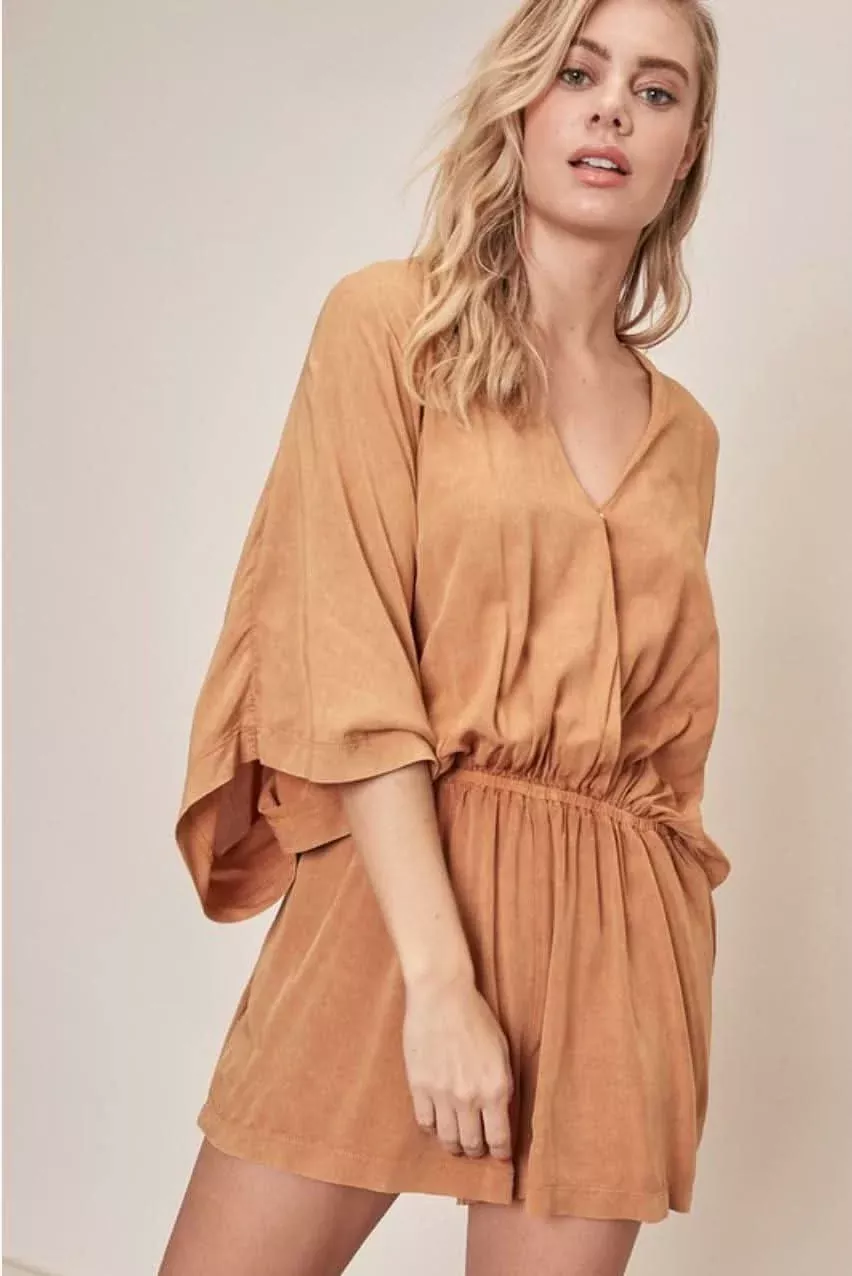 Dana Mustard Tie-Dye Dolman Sleeve Surplice Romper | Boho Pink