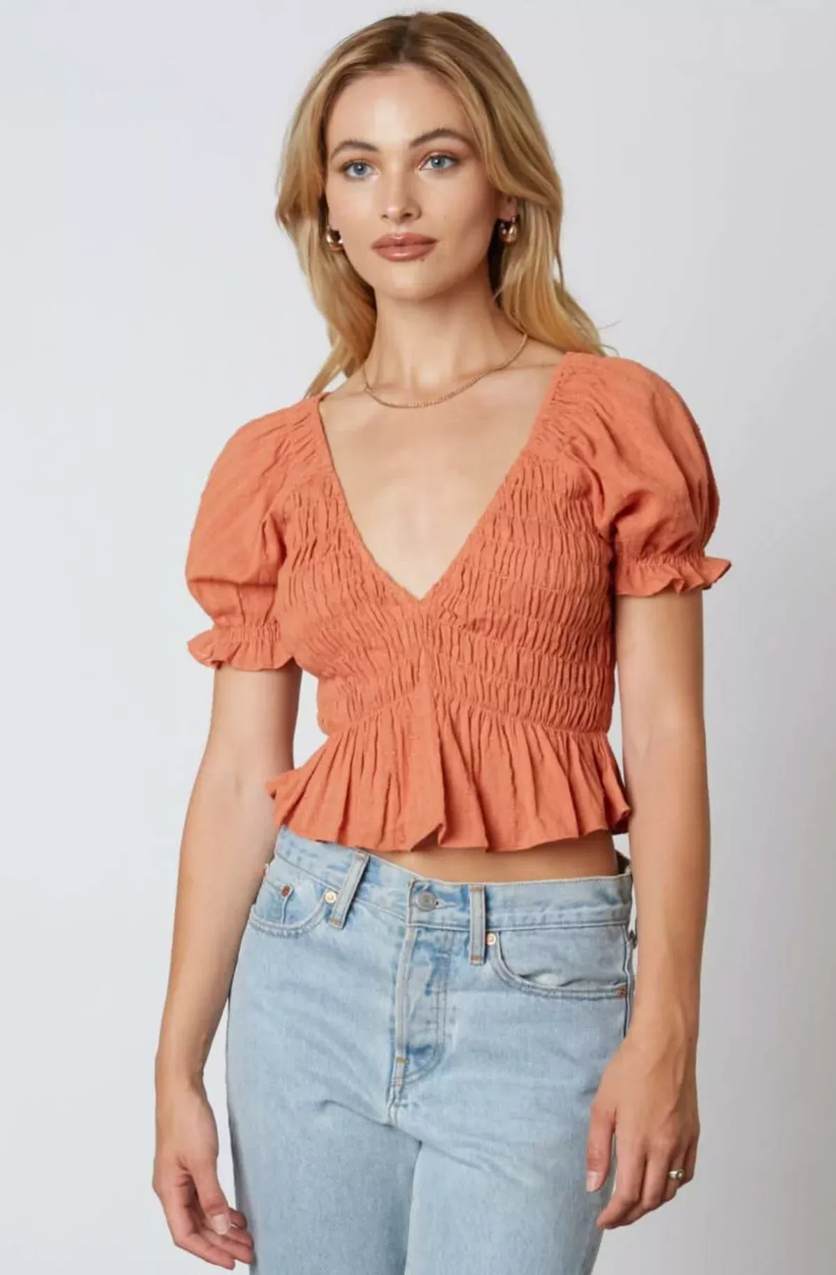 Dana Terra Cotta Smocked Puff Sleeve Ruffle Top | Boho Pink