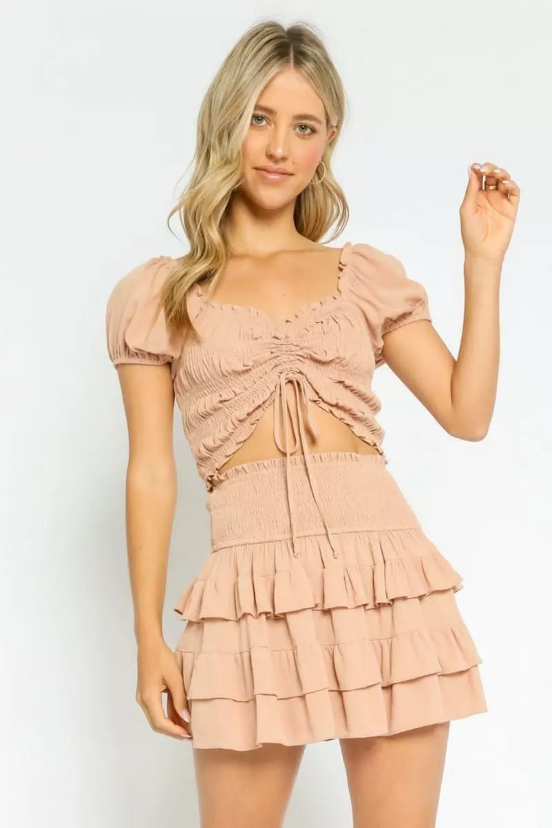 Daybreak Sandy Beige Drawstring Crop Top | Boho Pink
