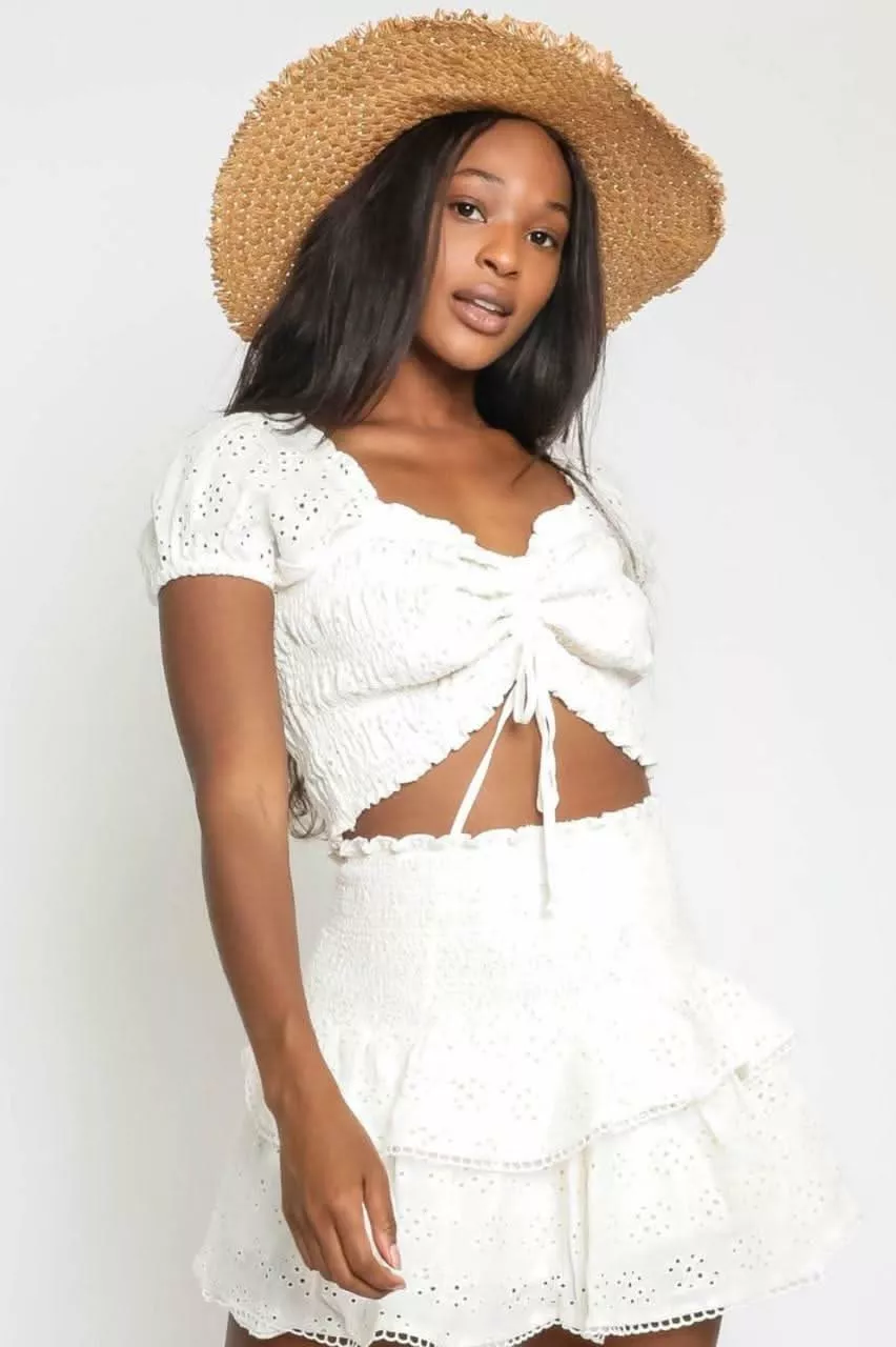 Daybreak White Eyelet Drawstring Crop Top | Boho Pink