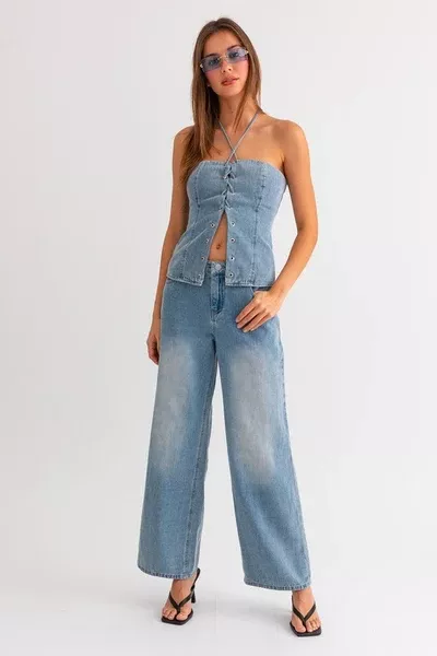 Denim Halter Neck Lace-up Top