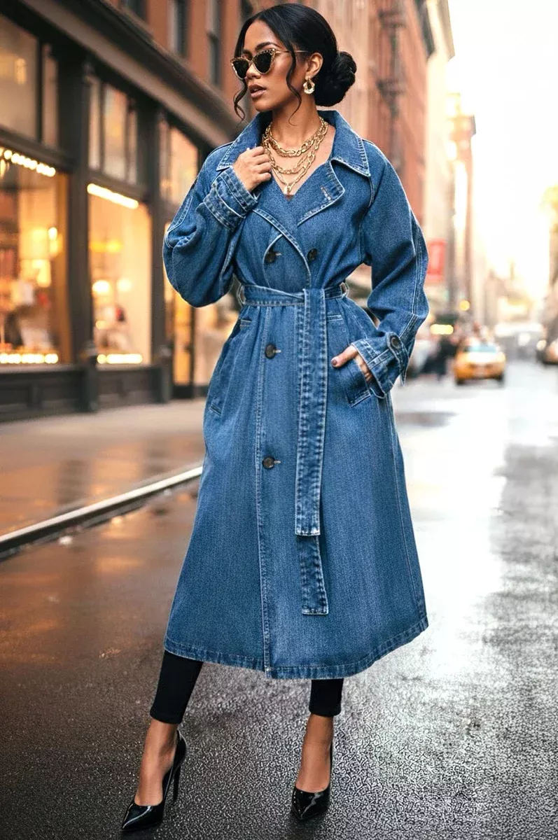 Denim Long Sleeve Collared Button Down Trench Coat