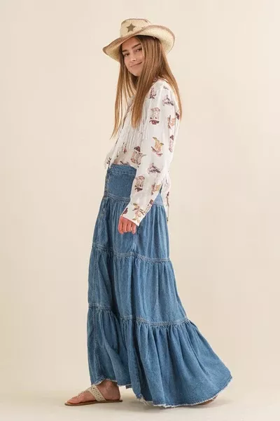 Denim Tiered Button Up Maxi Skirt