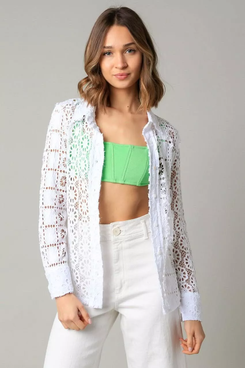 Devi White Crochet Lace Button Down Top | Boho Pink