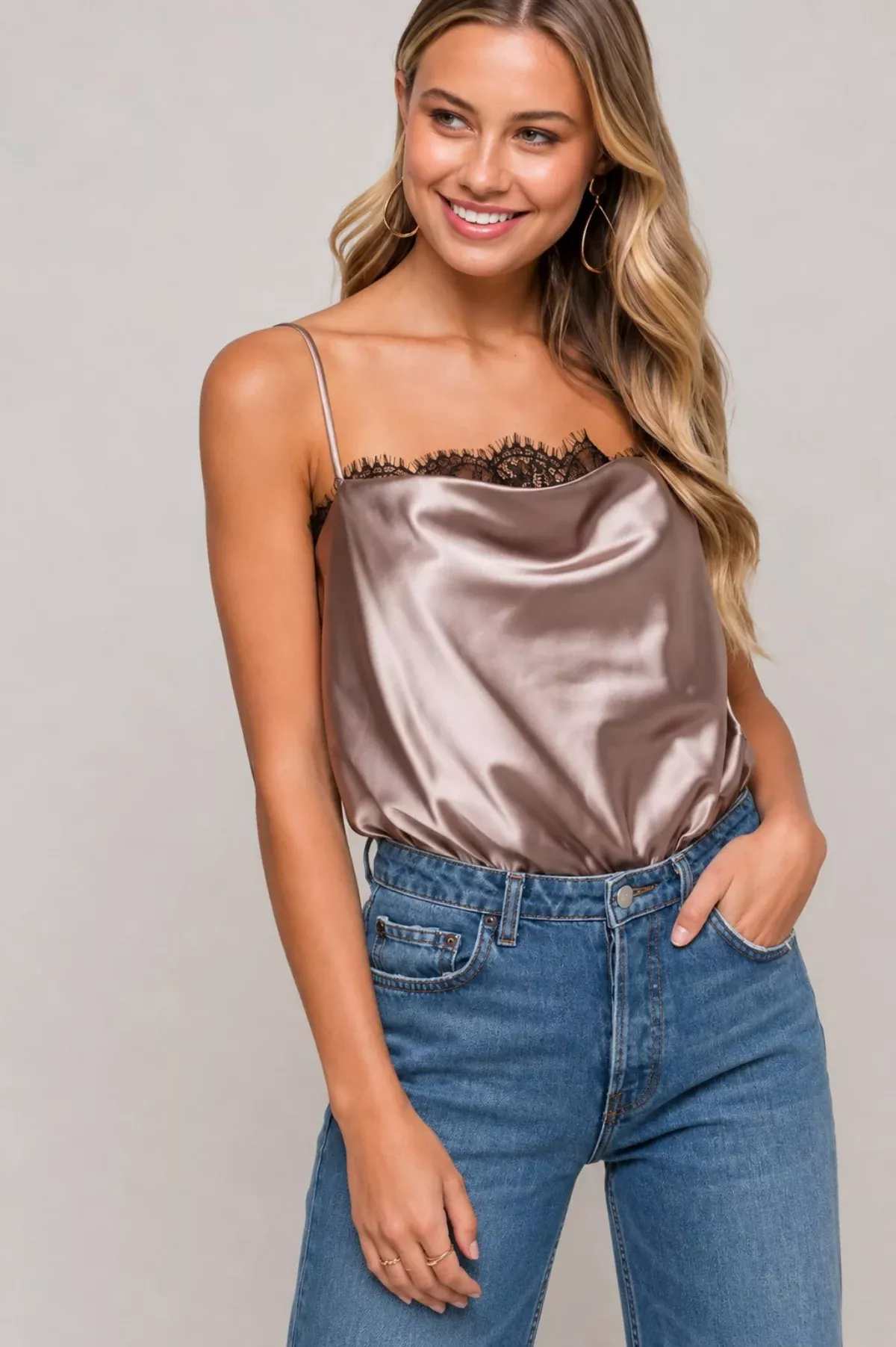 Do Better Dark Taupe Lace Satin Sleeveless Bodysuit | Boho Pink