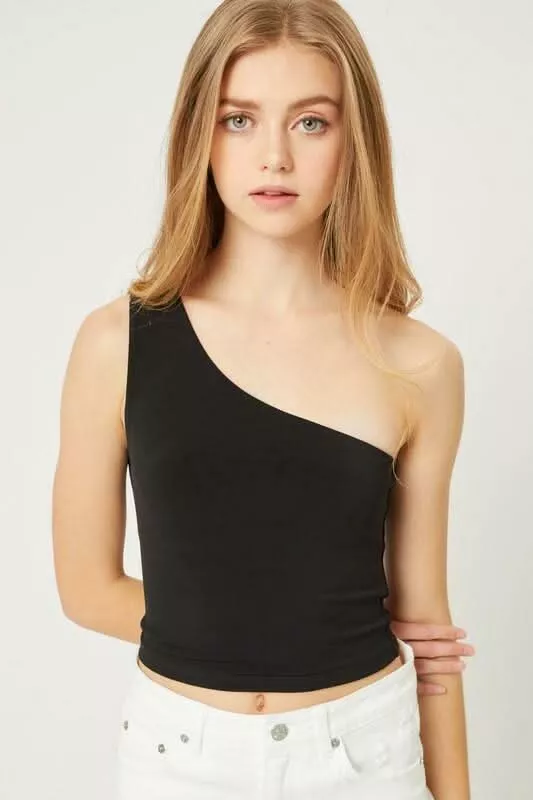 Elsa Black One-Shoulder Cropped Tank Top | Boho Pink