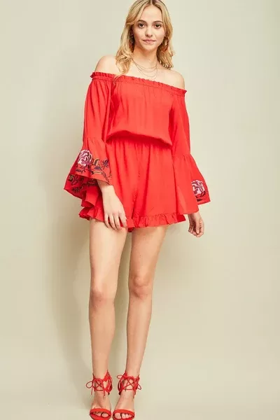 Embroidered Bell Sleeves Shorts Romper
