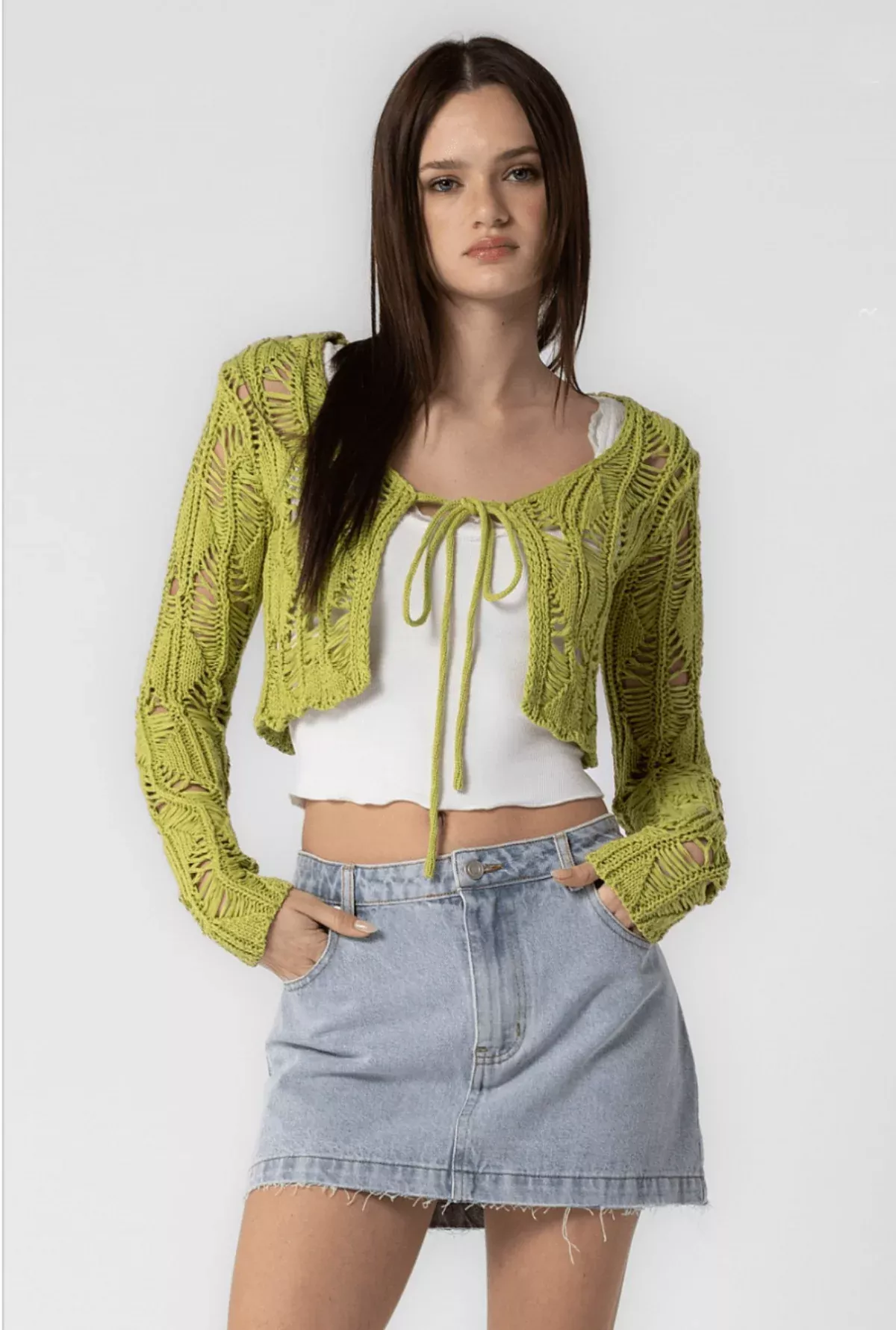Emilia Kiwi Crochet Front-Tie Crop Cardigan Top | Boho Pink