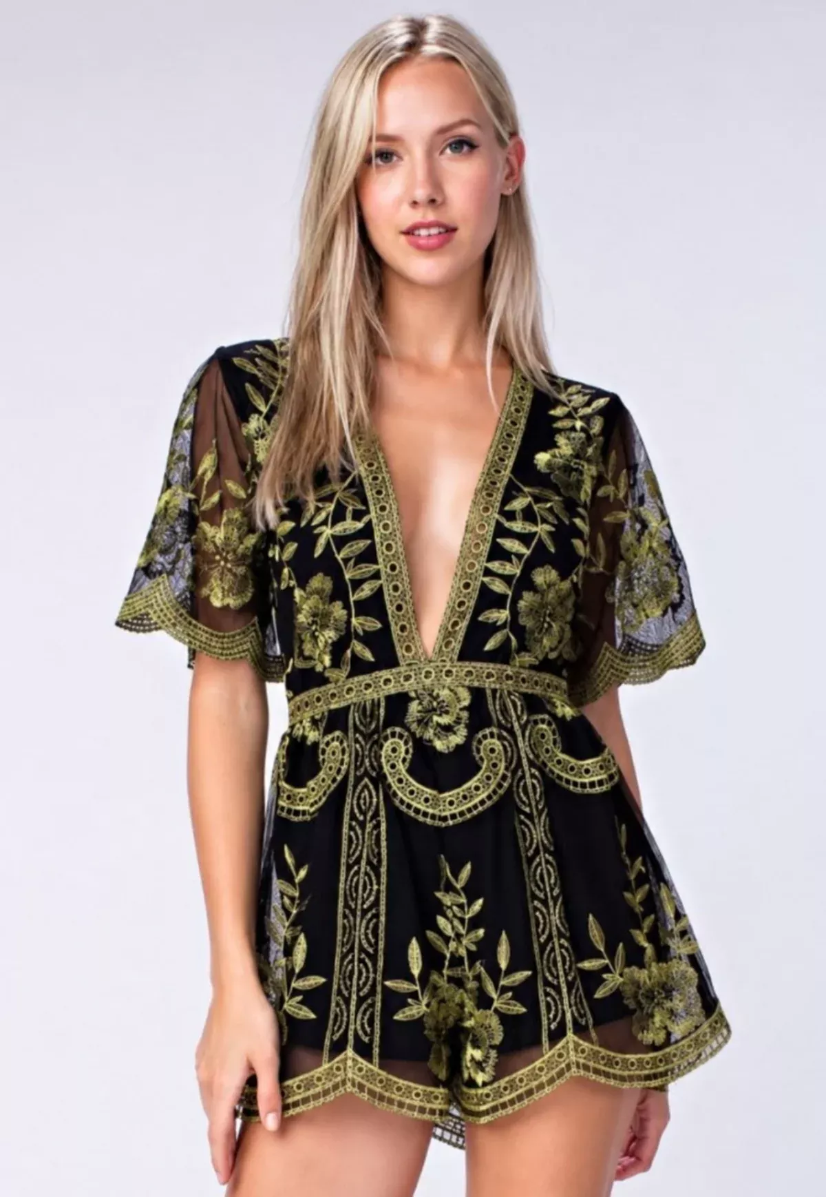 Endless Lace Black and Gold Deep V Romper | Boho Pink