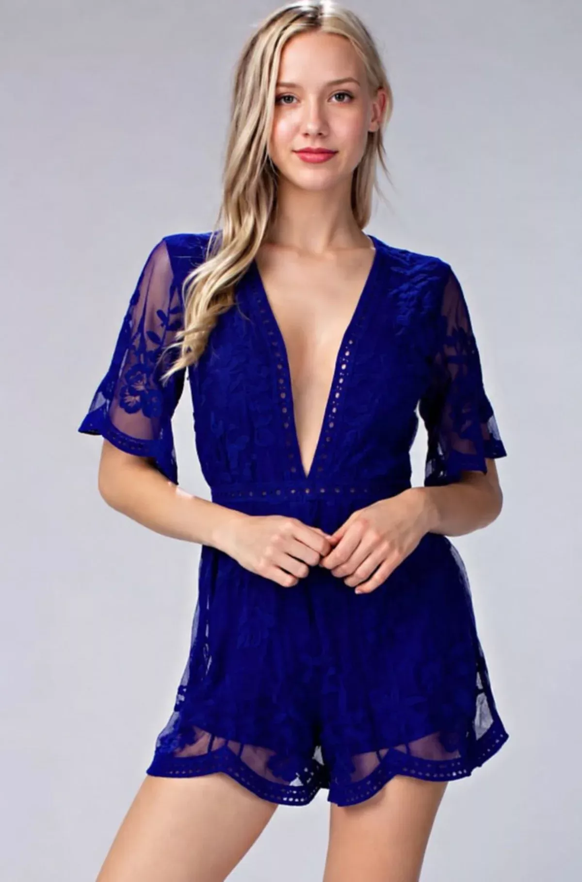 Endless Lace Royal Blue Deep V Romper | Boho Pink