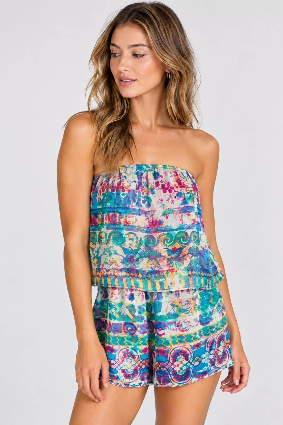 Escape Jewel Print Strapless Romper | Boho Pink