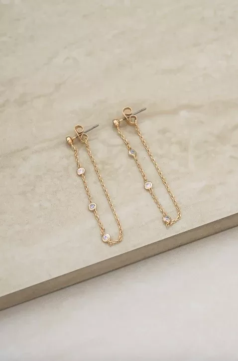 Ettika Elegantly Modern Chain and Crystal Strand 18K Gold Plated Earrings | Boho Pink