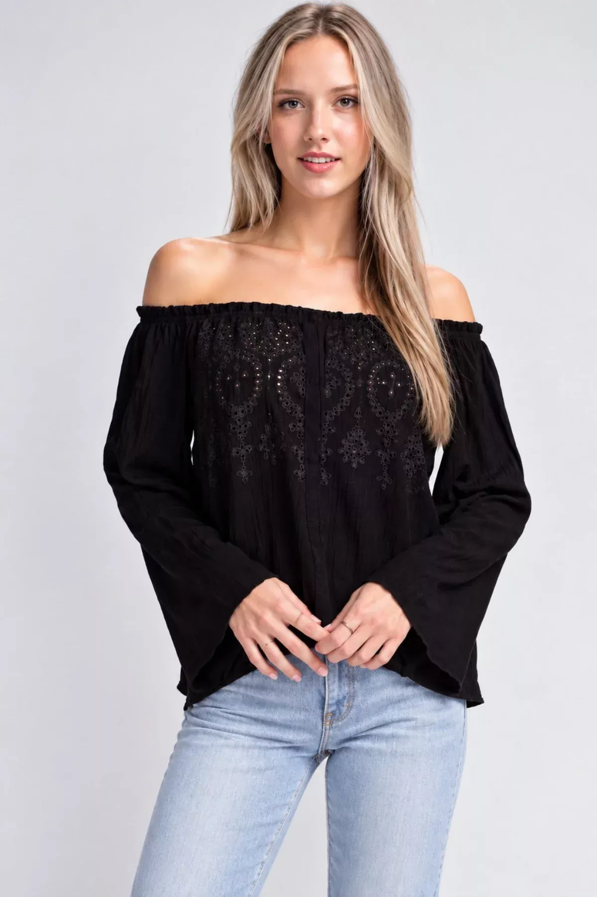 Evia Black Eyelet Off-the-Shoulder Bell Sleeve Top | Boho Pink