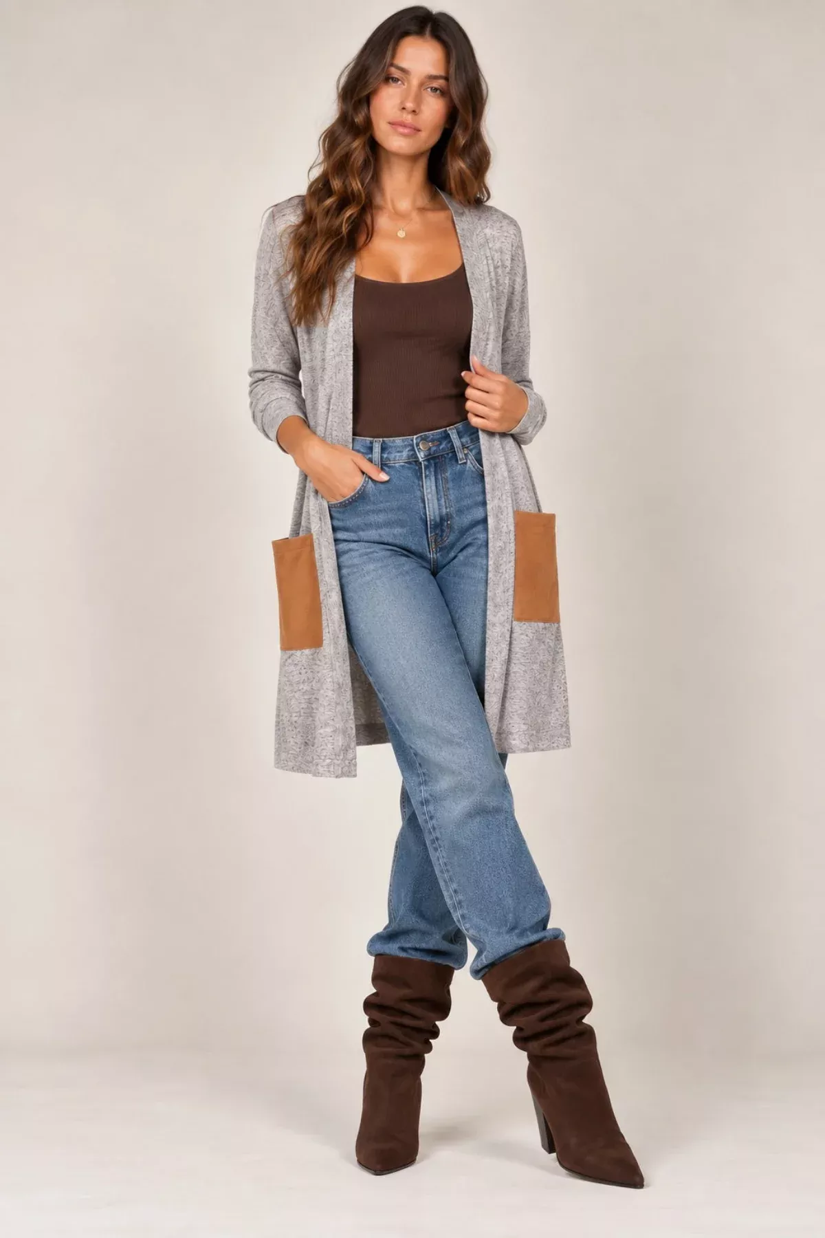 Fancy Focus Grey Suede Patch Pocket Cardigan | Boho Pink