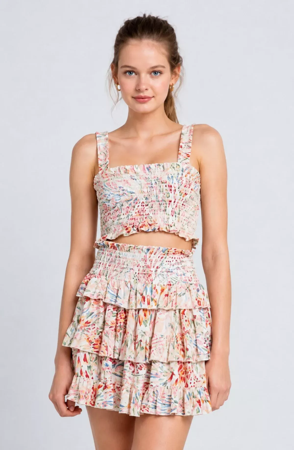Faye Boho Print Two-Piece Smocked Mini Dress | Boho Pink