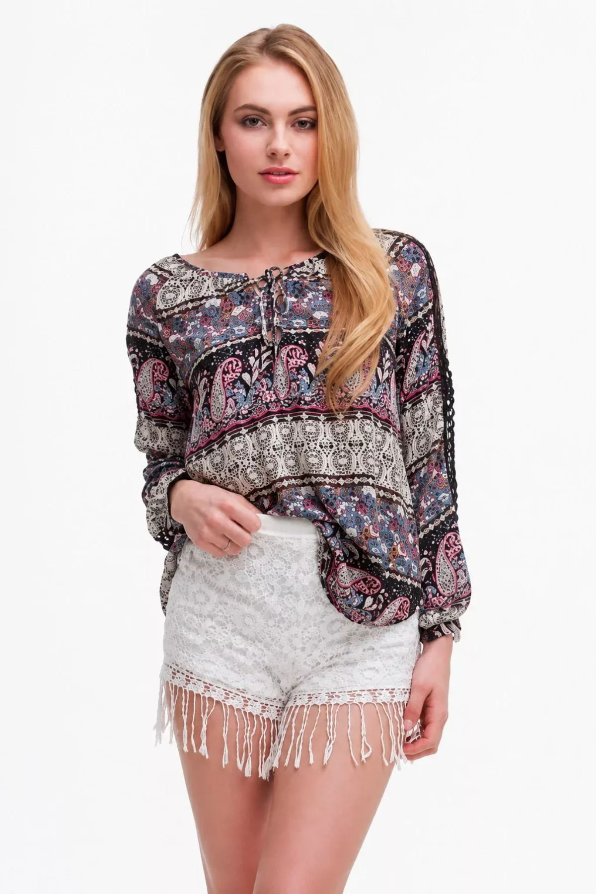Find A Way Black Paisley Peasant Blouse | Boho Pink