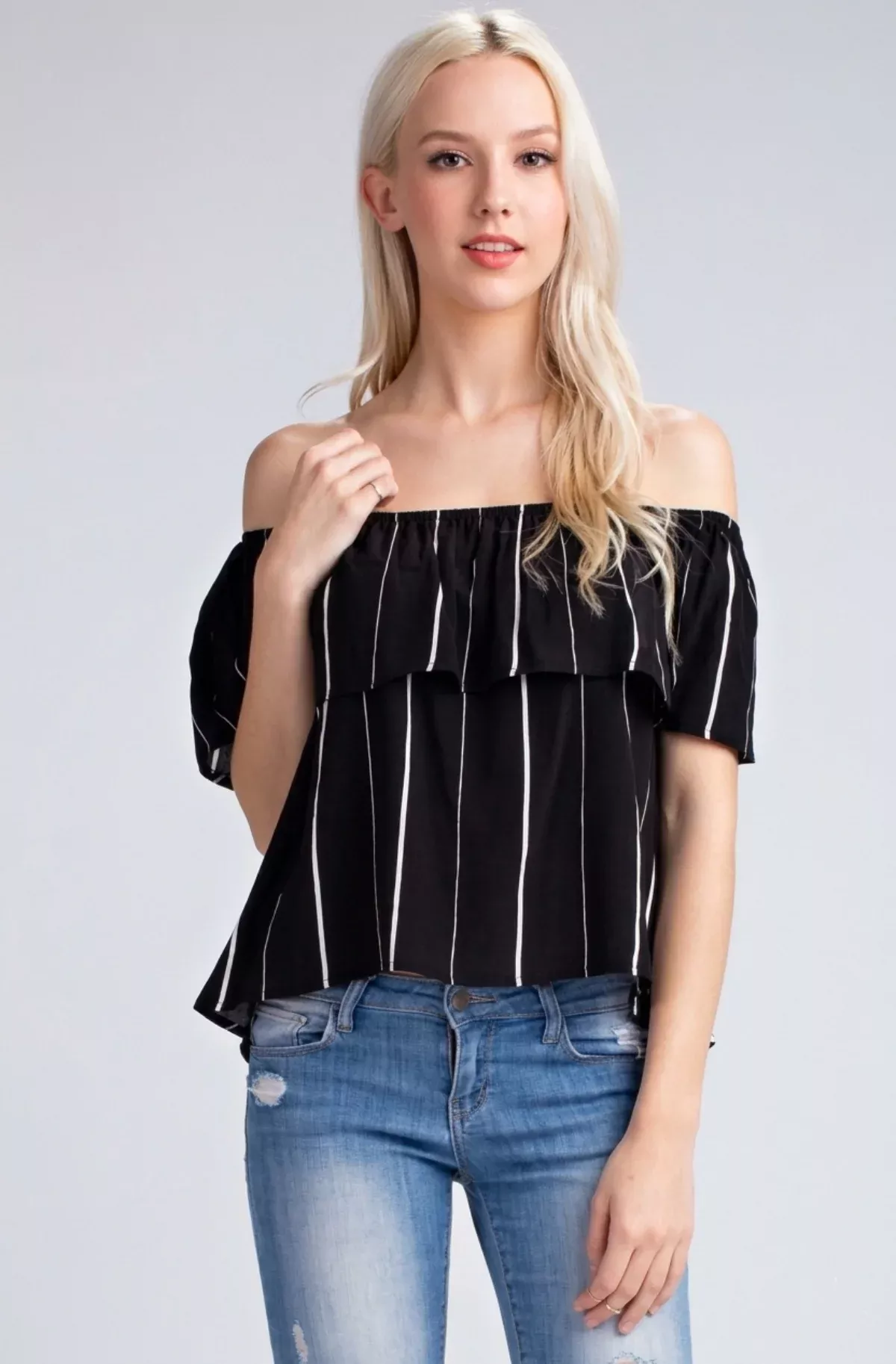 Fira Off-the-Shoulder Striped Black Top | Boho Pink