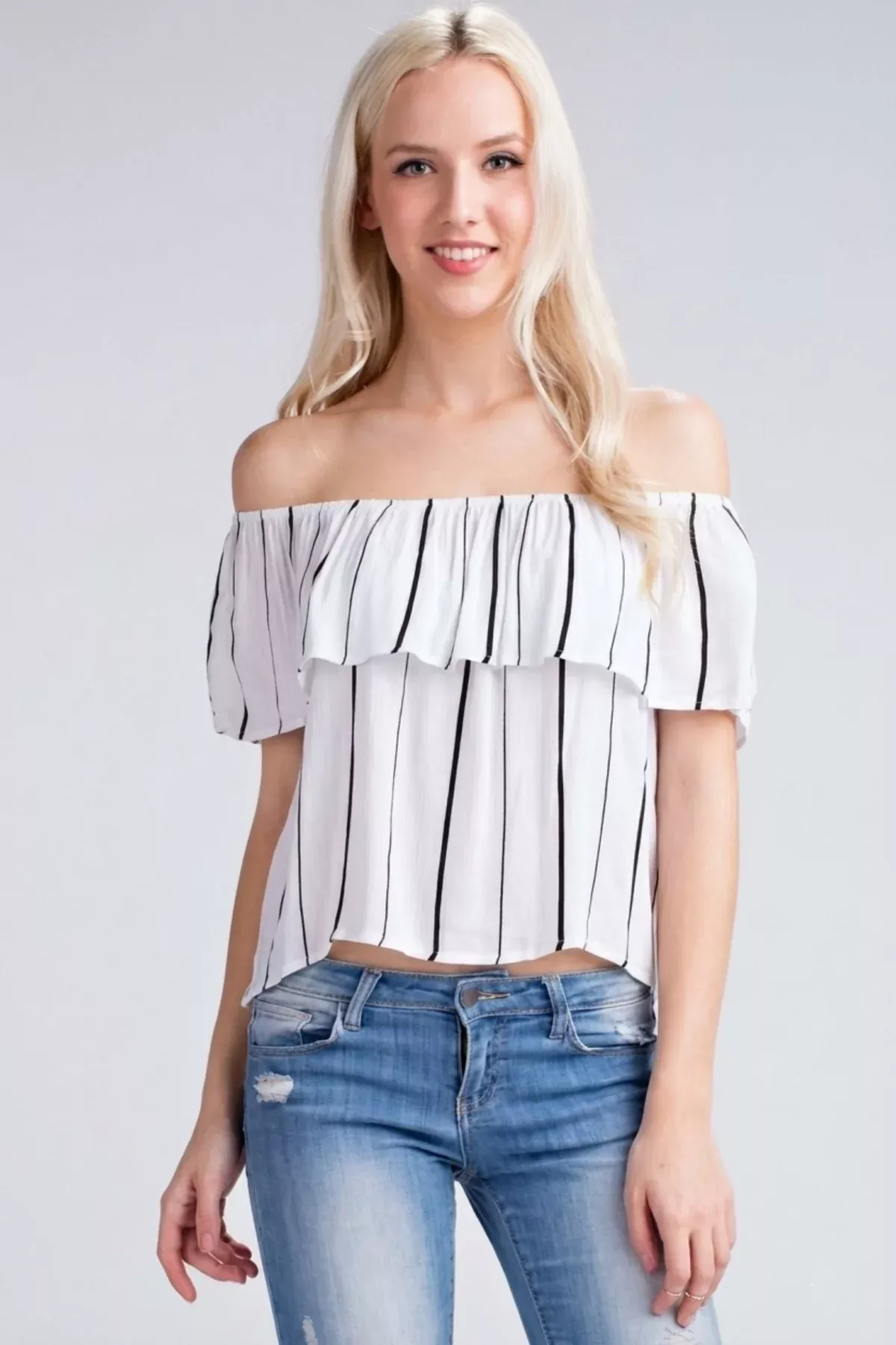 Fira Off-the-Shoulder Striped White Top | Boho Pink