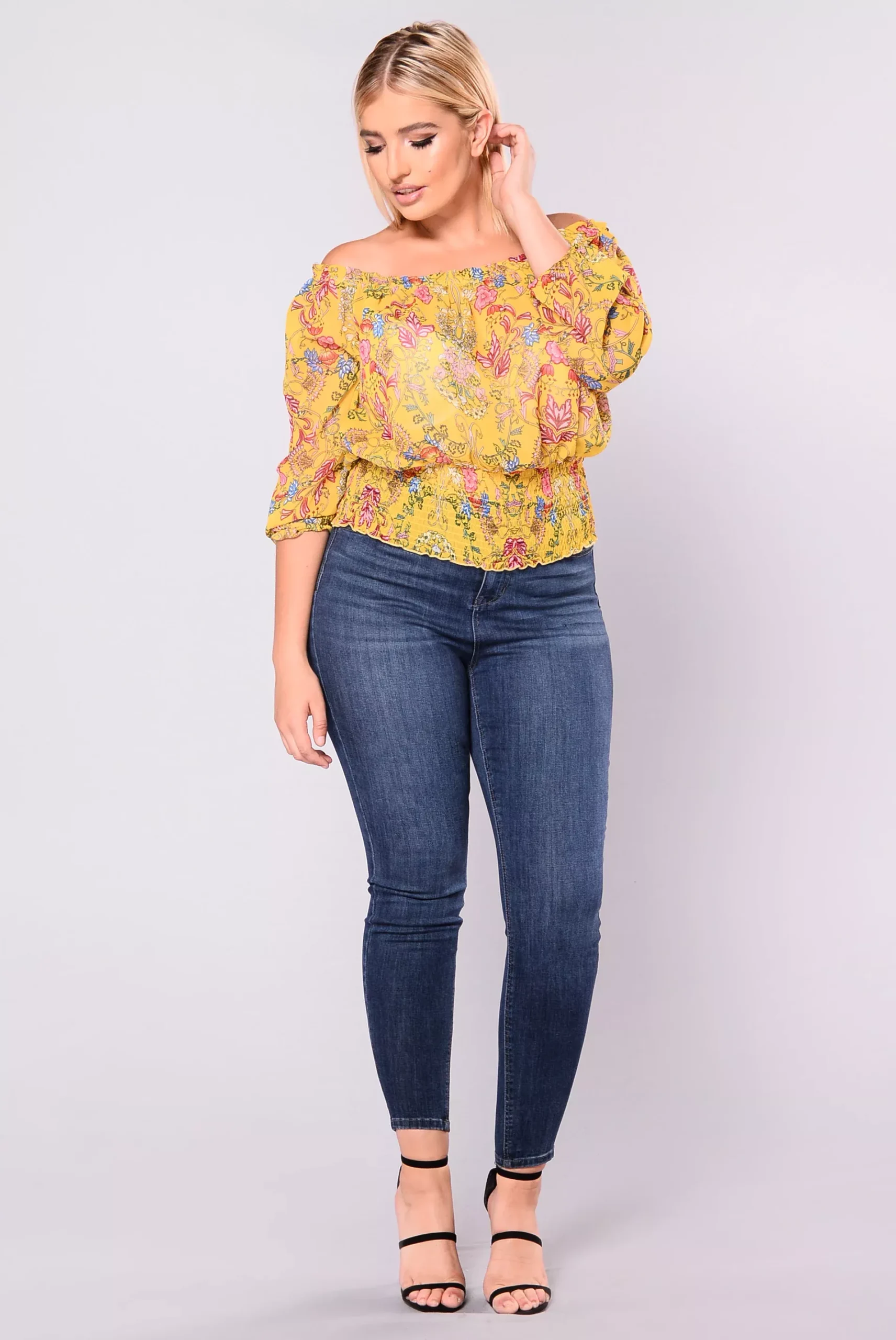 Floral Goddess Off Shoulder Top - Mustard