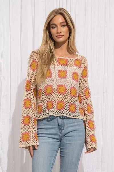 Flower Crocheted Pullover Sweater