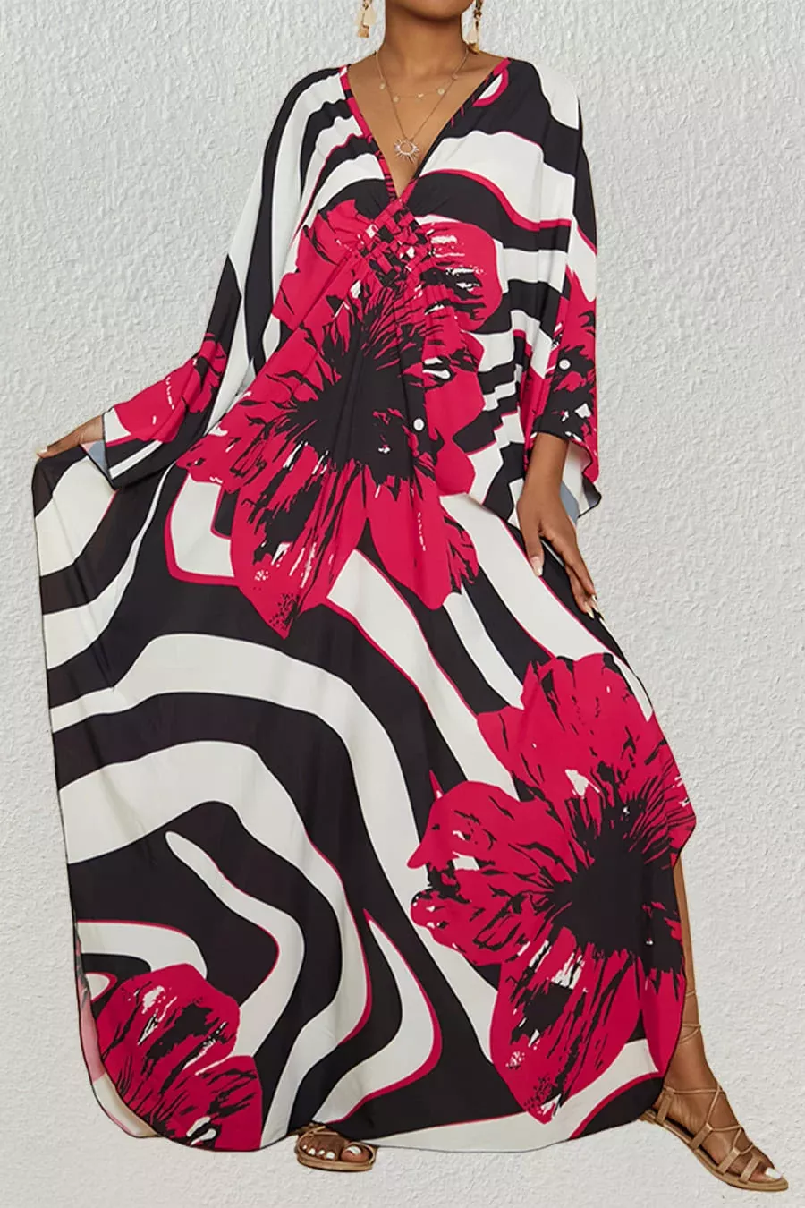 Flower Plus Size Red Kaftan Dress