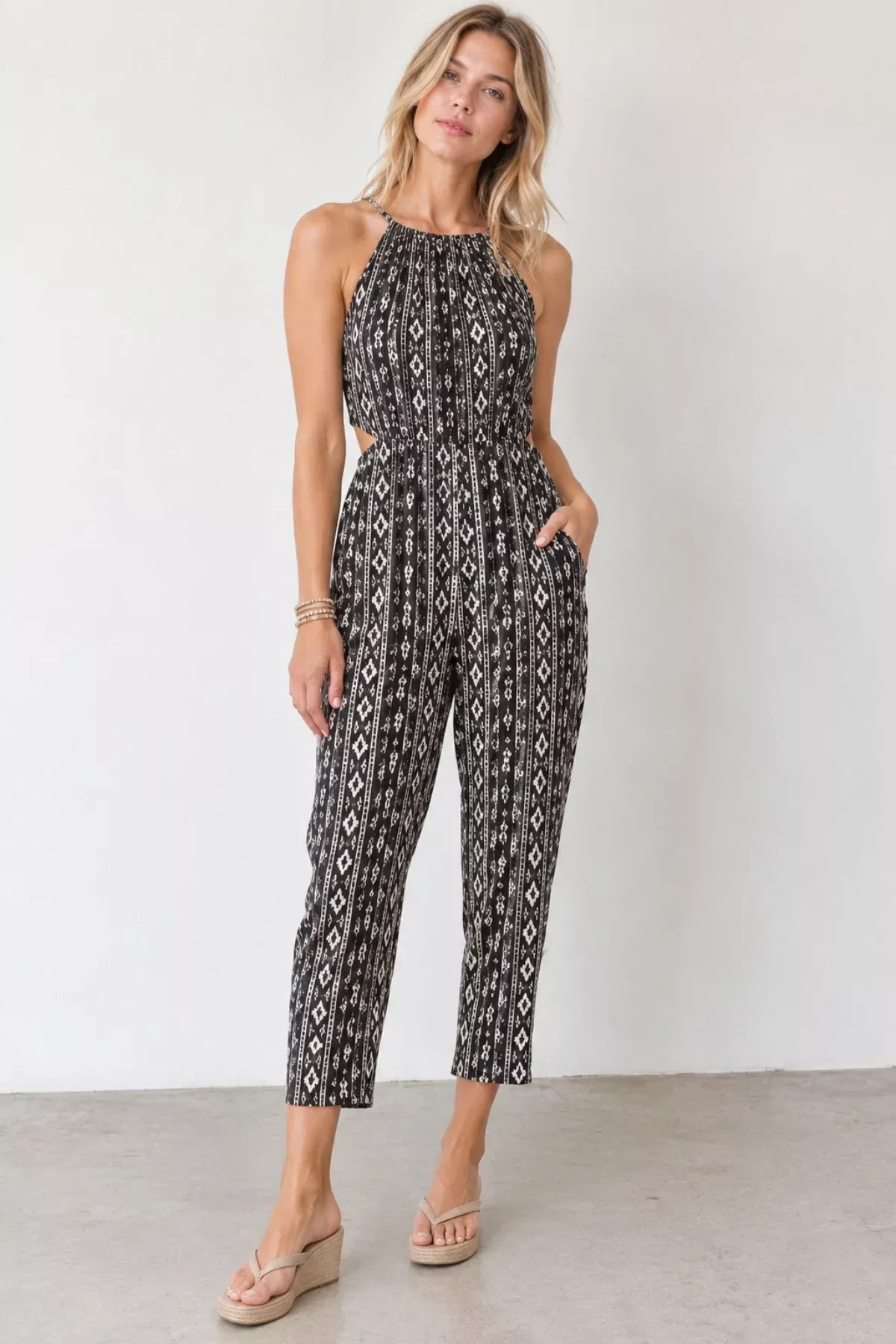 Fortuitous Black and White Aztec Print Jumpsuit | Boho Pink