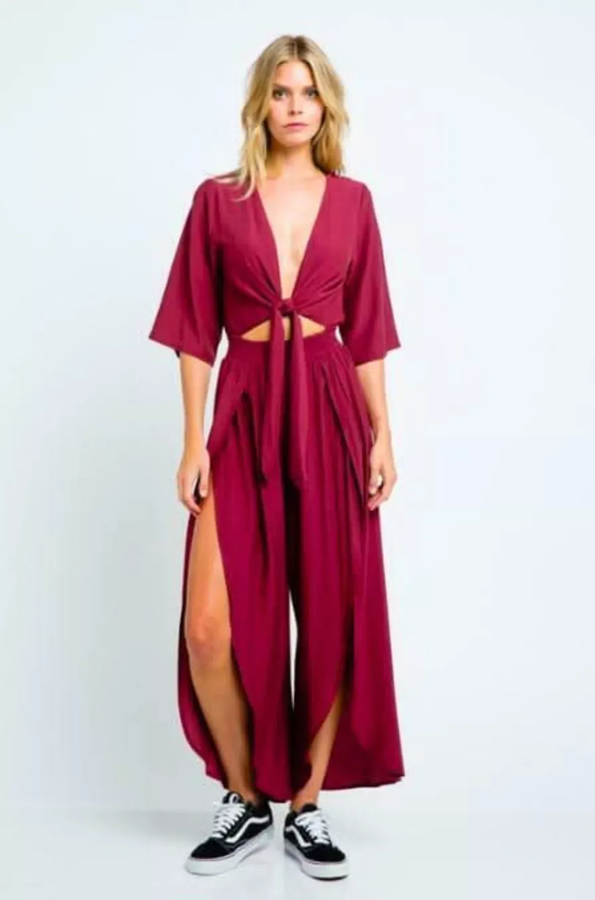 Frankie Burgundy Front Tie Jumpsuit | Boho Pink