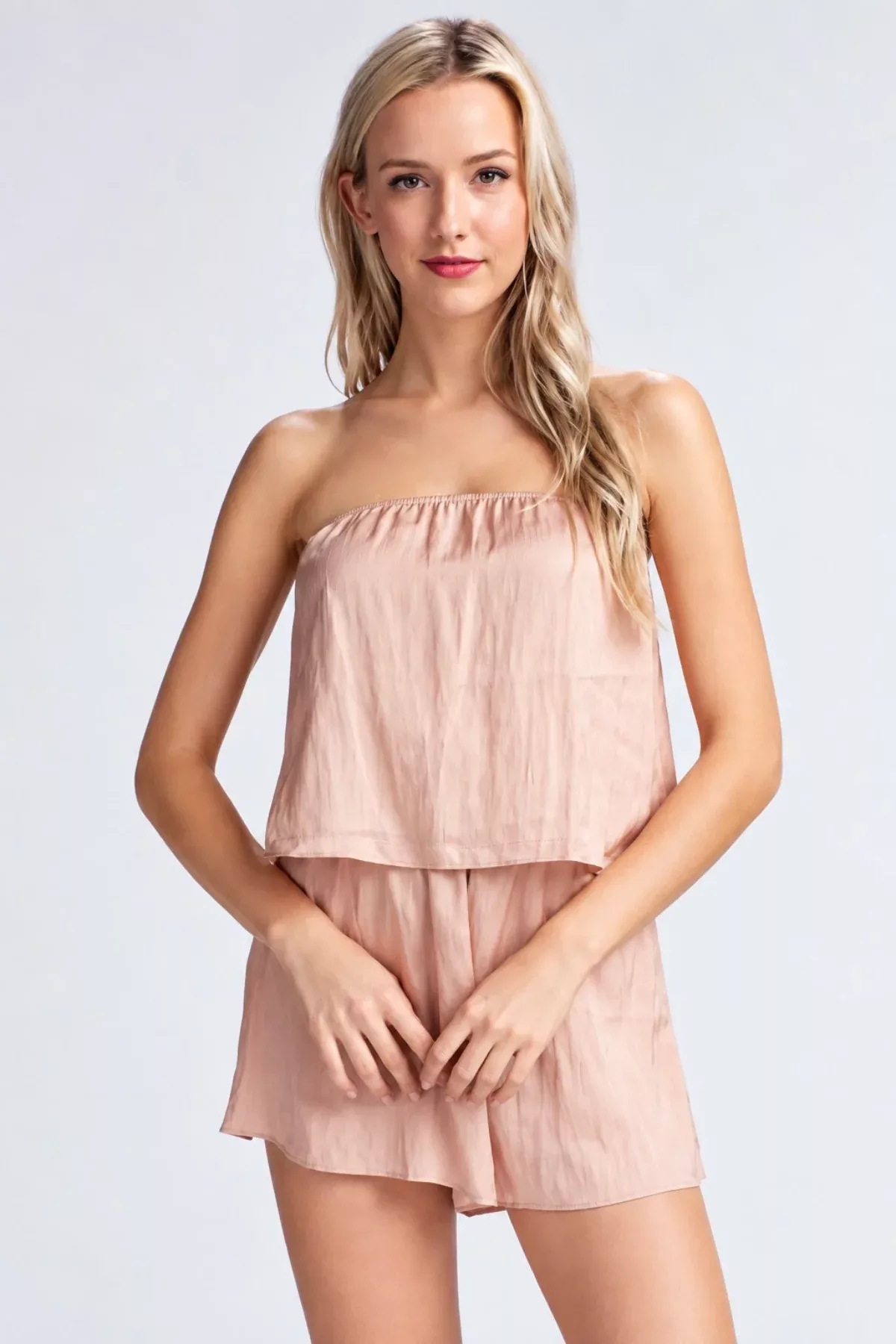 Gaea Champagne Blush Satin Strapless Romper | Boho Pink