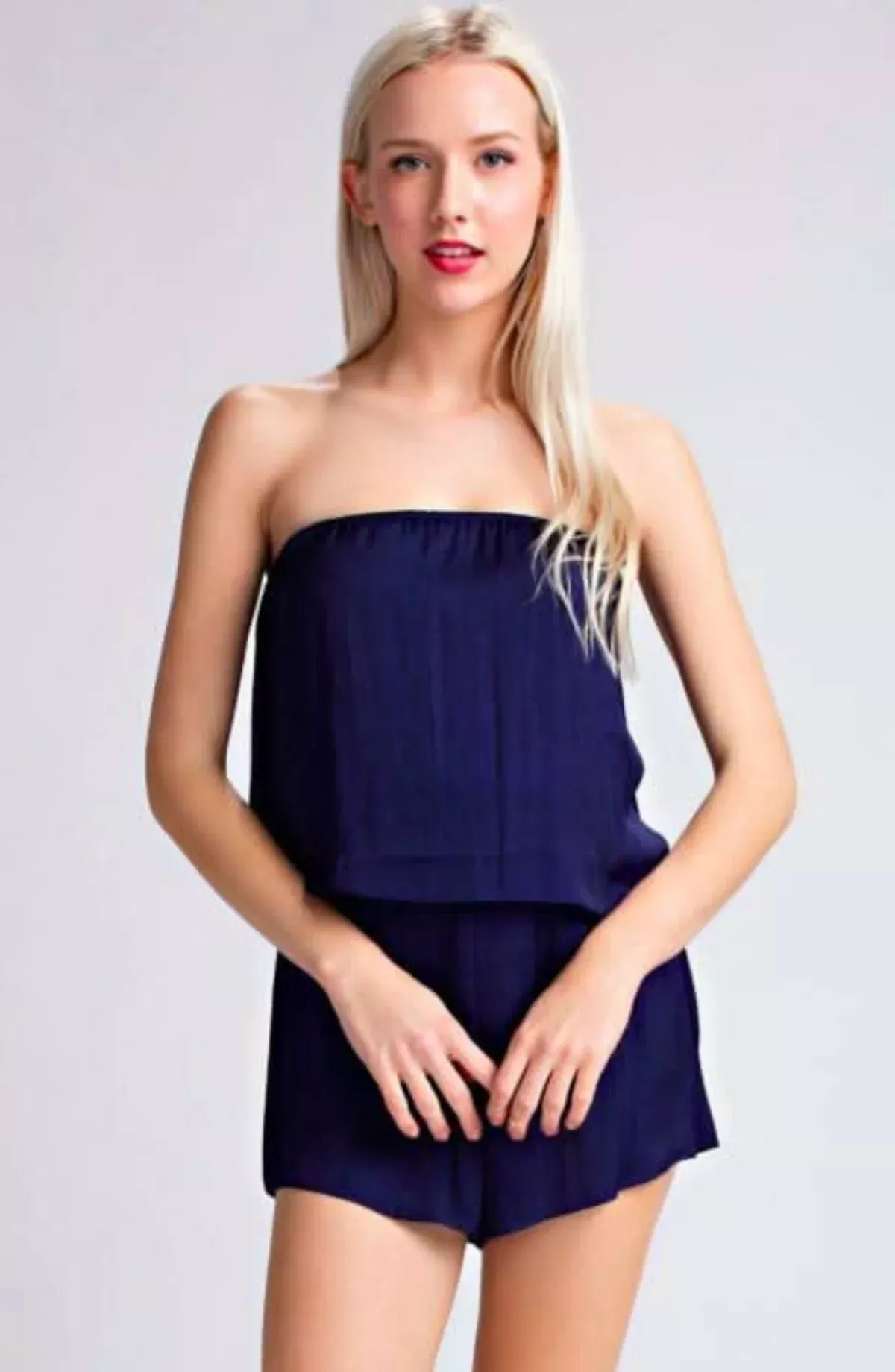 Gaea Navy Satin Strapless Romper | Boho Pink