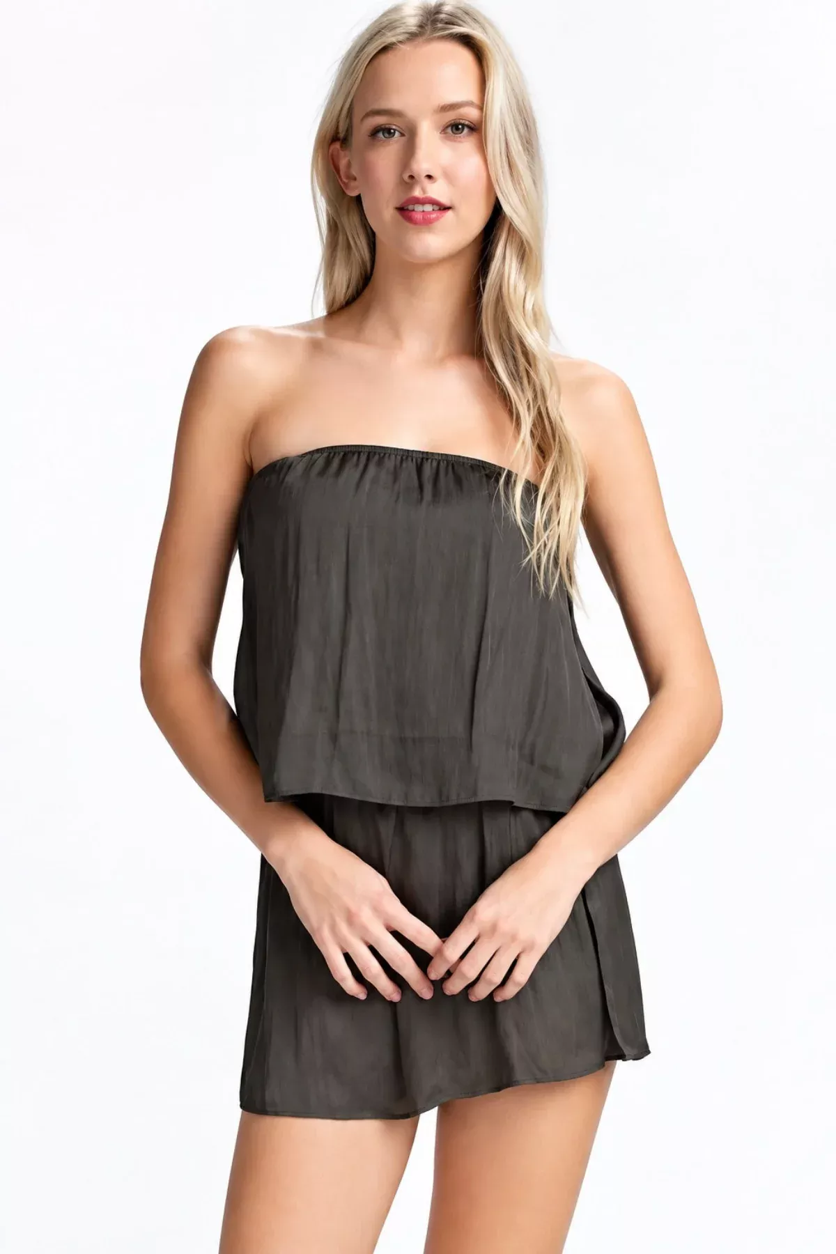 Gaea Olive Green Satin Strapless Romper | Boho Pink