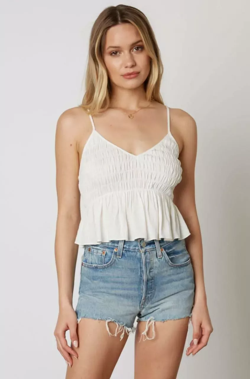 Gina White Smocked V-Neck Ruffled Cropped Tank Top | Boho Pink