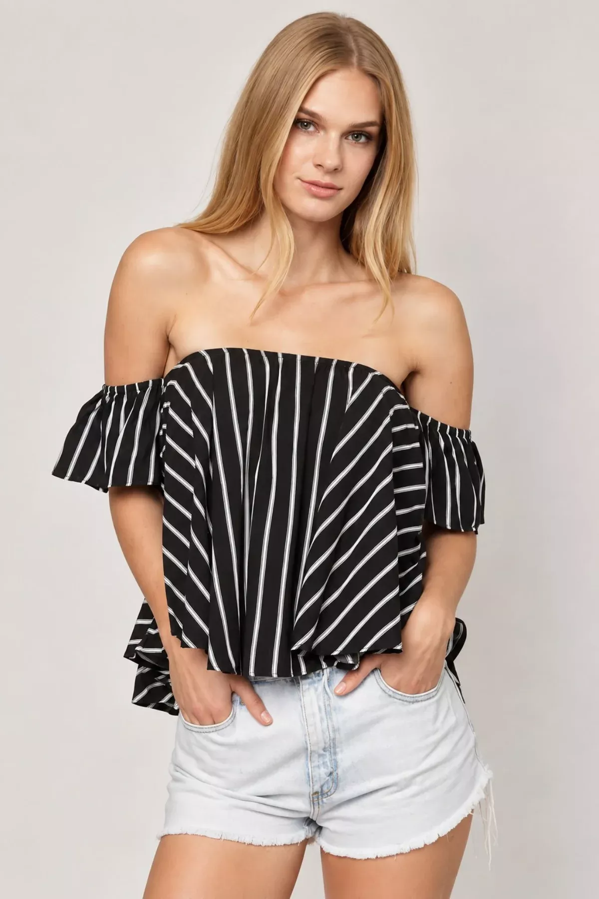 Glamorous Black and White Striped Off-the-Shoulder Top | Boho Pink