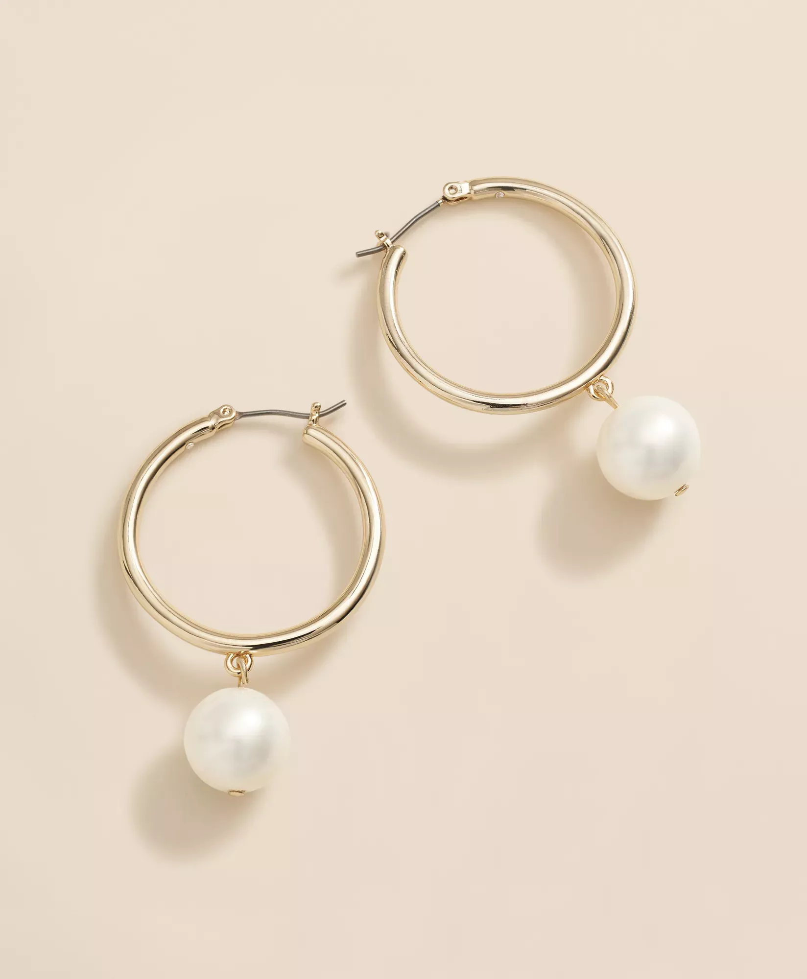 Gold-Tone Faux-Pearl Drop Hoop Earrings